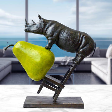 Rhino on a Chair with a Pear (Bronze Sculpture)