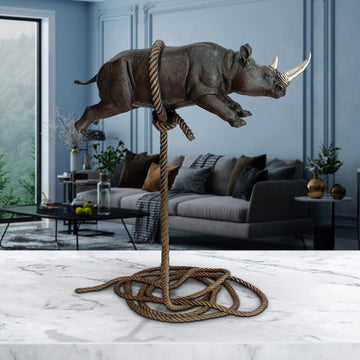 Flying Rhino on Short Rope with a Silver Horn (Bronze Sculpture)