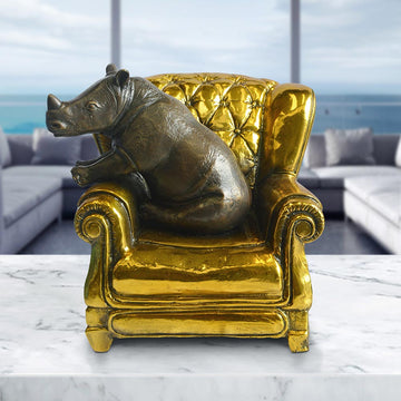 Rhino Me Time on a Chair (Bronze Sculpture, Miniature Collection)