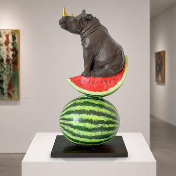 Golden Rhino Loves Watermelons (Bronze Sculpture)