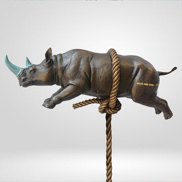 Flying Rhino on Long Rope with a Teal Horn (Bronze Sculpture)