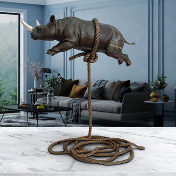 Flying Rhino on Short Rope with a Silver Horn (Bronze Sculpture)