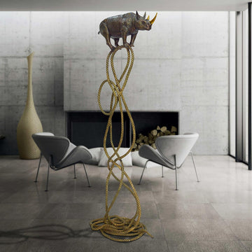 Golden Rhino Suspended on Rope and Feeling Very Safe (Bronze Sculpture)