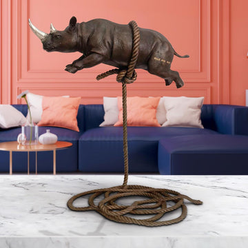 Flying Rhino on Short Rope with a Silver Horn (Bronze Sculpture)
