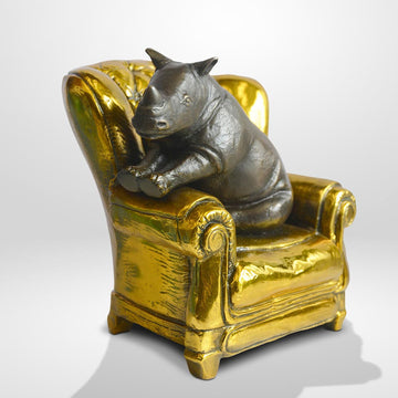 Rhino Me Time on a Chair (Bronze Sculpture, Miniature Collection)