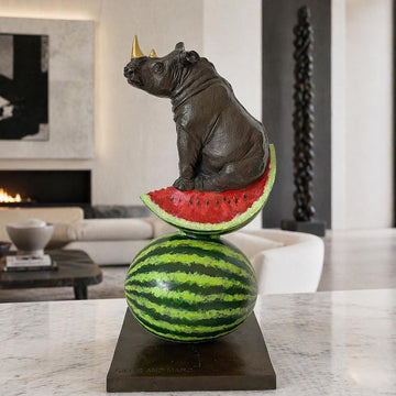 Golden Rhino Loves Watermelons (Bronze Sculpture)