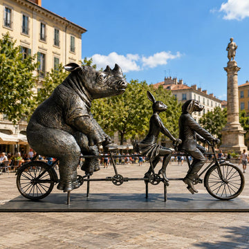 Rabbitwoman, Dogman, and the Northern White Rhino Journey Together for the Wild (Fibreglass Sculpture)
