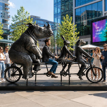Rabbitwoman, Dogman, and the Northern White Rhino Journey Together for the Wild (Fibreglass Sculpture)