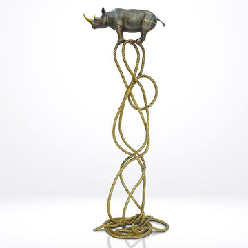Golden Rhino Suspended on Rope and Feeling Very Safe (Bronze Sculpture)