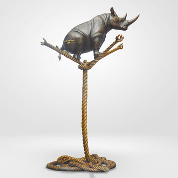 Rhino on a Tree Rope (Bronze Sculpture)
