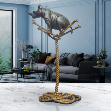 Rhino on a Tree Rope (Bronze Sculpture)