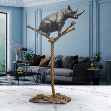 Rhino on a Tree Rope (Bronze Sculpture)