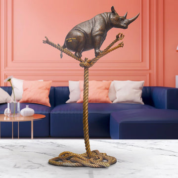 Rhino on a Tree Rope (Bronze Sculpture)