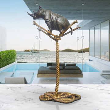 Rhino on a Tree Rope (Bronze Sculpture)