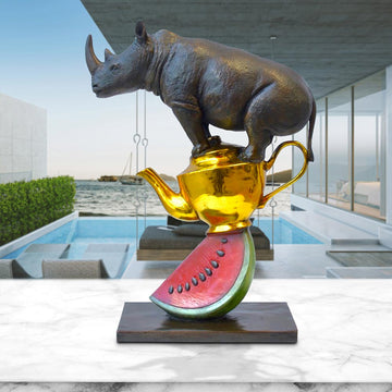 Rhinos Love Tea and Watermelons (Bronze Sculpture)
