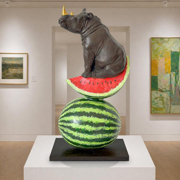 Golden Rhino Loves Watermelons (Bronze Sculpture)