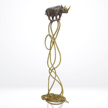 Golden Rhino Suspended on Rope and Feeling Very Safe (Bronze Sculpture)
