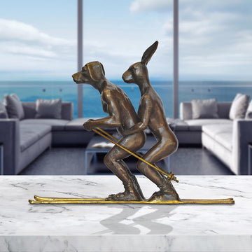 He Loved Skiing with His Snow Bunny (Bronze Sculpture, Miniature Collection)