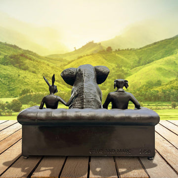 The African Elephant with Rabbitwoman and Dogman Will Never Forget (Bronze Sculpture)