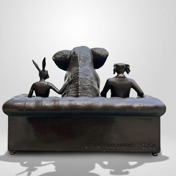 The African Elephant with Rabbitwoman and Dogman Will Never Forget (Bronze Sculpture)
