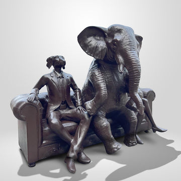 The African Elephant with Rabbitwoman and Dogman Will Never Forget (Bronze Sculpture)