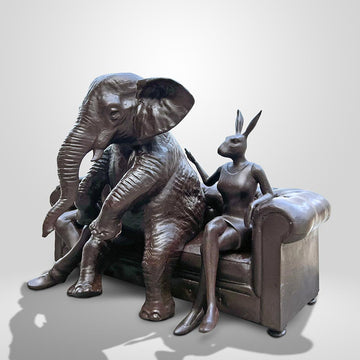 The African Elephant with Rabbitwoman and Dogman Will Never Forget (Bronze Sculpture)