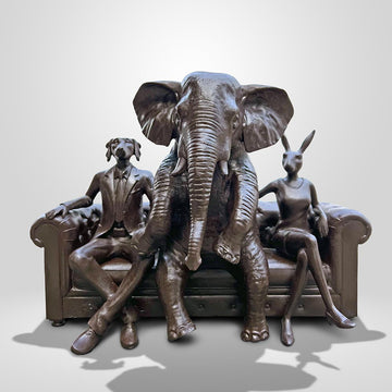 The African Elephant with Rabbitwoman and Dogman Will Never Forget (Bronze Sculpture)