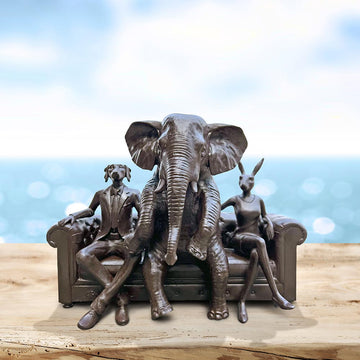 The African Elephant with Rabbitwoman and Dogman Will Never Forget (Bronze Sculpture)