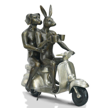 Their Morning Ride Started with Cappuccino and a Kiss (Bronze Sculpture)