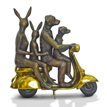 The Golden Family Vespa Riders (Bronze Sculpture, Miniature Collection)