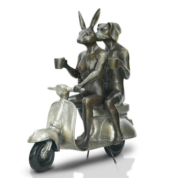 Their Morning Ride Started with Cappuccino and a Kiss (Bronze Sculpture)