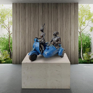 Rabbitwoman and Dogman Loved Their Vespa Side Car (Bronze Sculpture, Mid-Size)