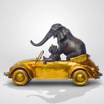 The Bengal Tiger and Sumatran Elephant Race Against Time in the Beatle (Bronze Sculpture, Small)