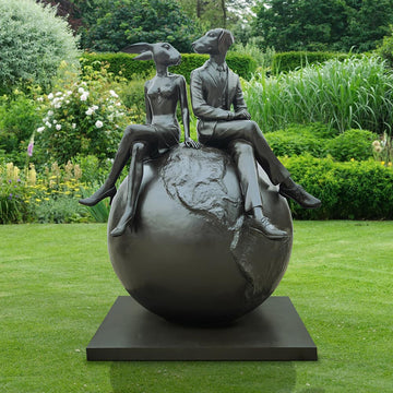 Rabbitwoman and Dogman on top of the big world (Bronze Sculpture)