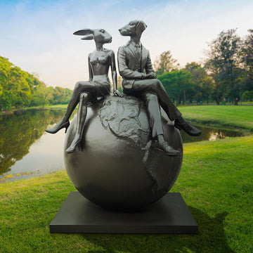 Rabbitwoman and Dogman on top of the big world (Bronze Sculpture)