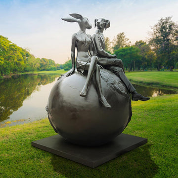 Rabbitwoman and Dogman on top of the big world (Bronze Sculpture)