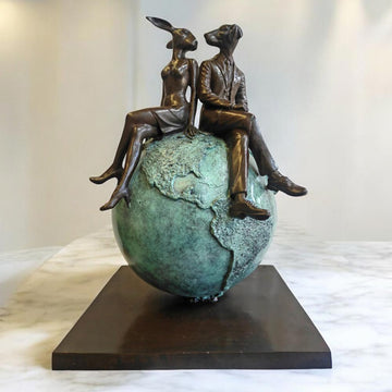 Rabbitwoman and Dogman on Top of the World (Bronze Sculpture)