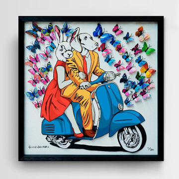 They had a blue/red/yellow vespa that made their heart flutter (Framed 3D Collage Print)