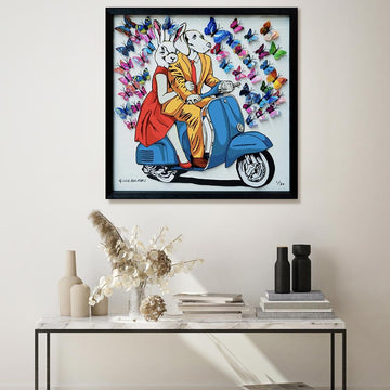 They had a blue/red/yellow vespa that made their heart flutter (Framed 3D Collage Print)