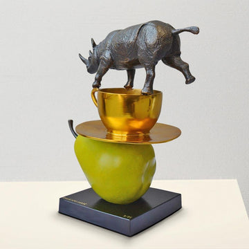 The Rhino Just Wanted a Coffee and Pear (Bronze Sculpture)