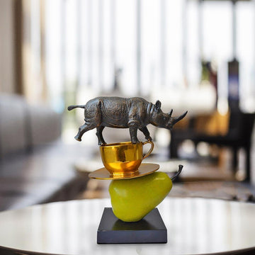 The Rhino Just Wanted a Coffee and Pear (Bronze Sculpture)