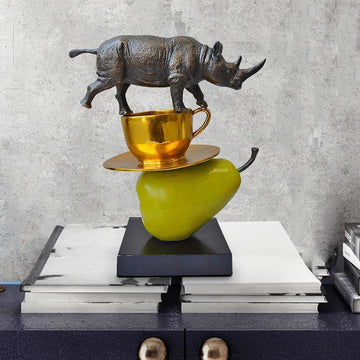 The Rhino Just Wanted a Coffee and Pear (Bronze Sculpture)