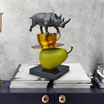 The Rhino Just Wanted a Coffee and Pear (Bronze Sculpture)