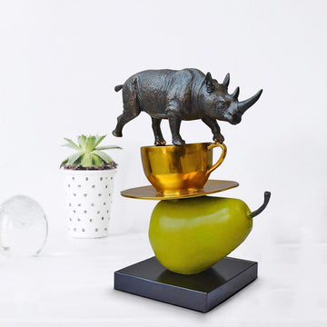 The Rhino Just Wanted a Coffee and Pear (Bronze Sculpture)