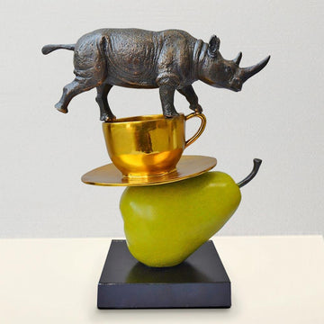 The Rhino Just Wanted a Coffee and Pear (Bronze Sculpture)