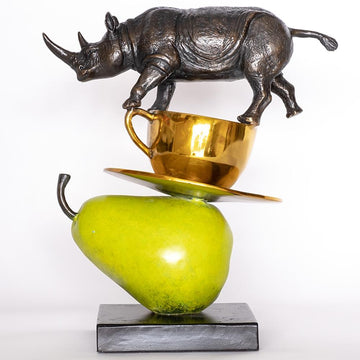 The Rhino Just Wanted a Coffee and Pear (Bronze Sculpture)
