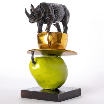 The Rhino Just Wanted a Coffee and Pear (Bronze Sculpture)