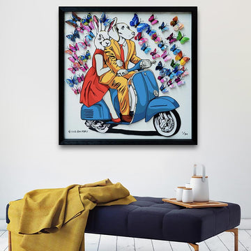 They had a blue/red/yellow vespa that made their heart flutter (Framed 3D Collage Print)