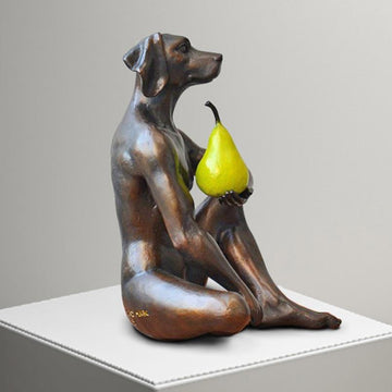 Dogman Thought a Pear in the Hand Is Worth Two in the Bush (Bronze Sculpture)