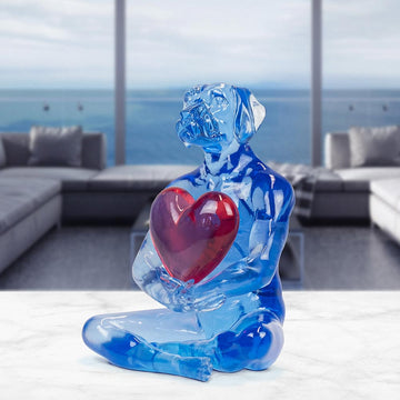 He gave his heart to his one love (blue resin dog holding red heart)
